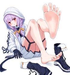 1girl absurdres atsuko_(blue_archive) barefoot blue_archive blush boots feet highres hood iberiko_(soinesitai) long_hair looking_at_viewer parted_lips purple_hair red_eyes shoes socks soles toes unworn_boots unworn_shoes unworn_socks white_socks
