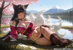 ahri ahri_(league_of_legends) ai_generated animal_ears bare_shoulders black_choker black_gloves black_hair black_panties black_thighhighs braid breasts brown_thighhighs card choker cleavage collarbone day facial_mark female fox_ears fox_tail gloves grass hairband heart kimono lake large_breasts league_of_legends long_hair long_sleeves looking_at_viewer lying meitabuu mountain multiple_tails nature navel obi off_shoulder on_side outdoors panties petals pubic_tattoo reflection sash side-tie_panties slit_pupils smile solo string_panties swept_bangs tail tattoo thighhighs tree underwear water whisker_markings yellow_eyes