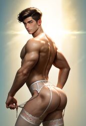 ai_generated arched_back ass back big_ass big_butt boy brown_hair bubble_ass bubble_butt garter_belt garter_straps hazel_eyes lace-trimmed_thighhighs lace_trim lingerie lingerie_only looking_at_viewer looking_back male nylons plump_ass round_ass round_butt solo stockings tallcallipygian tcallipygian thick_thighs thighhighs thighs white_thighhighs