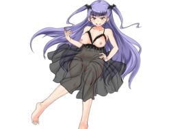 areolae bare_shoulders barefoot blue_hair blush cute_fang feet female hair_ornament hair_twirling hand_on_hip licking_lips long_hair looking_at_viewer nightgown red_eyes see-through tied_hair toes topless transparent_background twintails vampire