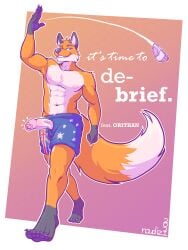 5_toes abs absurd_res anthro australian_flag boxers_(clothing) boxers_only briefs canid canine clothed clothing feet fluffy fluffy_tail foreskin fox genitals hi_res male mammal masculine muscular muscular_male naudiz_(artist) nipples orithan pecs penis plantigrade raised_arm red_fox smile solo tail text throwing toes topless true_fox underwear underwear_only vein veiny_penis walking wardrobe_malfunction
