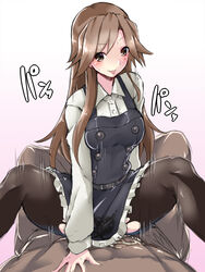 arashio_(kantai_collection) blush brown_eyes brown_hair clothed_sex clothing commentary_request cowgirl_position cum cum_inside cum_on_body cum_on_lower_body dress dress_shirt female highres kantai_collection long_hair maron_(kagamikunn) open_mouth pantyhose penetration pinafore_dress remodel_(kantai_collection) sex shirt sketch smile solo_focus spread_legs straddling text tongue tongue_out torn_clothes