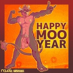 5_toes abs absurd_res anthro armpit_hair balls big_balls big_penis bodily_fluids body_hair bottomwear bovid bovine bulge cattle clothing devil_horns_(gesture) ear_piercing ear_tag facial_piercing feet flaccid flexing genitals gesture hand_gesture hi_res holidays horn kabob_(dragonkabob) looking_at_viewer male mammal muscular muscular_male naudiz_(artist) navel new_year nipples nose_piercing nude one_eye_closed pecs penis piercing plantigrade pubes saggy_balls septum_piercing shirt shorts solo sweat tail tail_tuft tank_top text toes topwear tuft vein veiny_penis wink