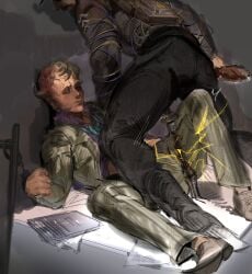 2boys bulge bulge_through_clothing bulge_under_clothes electric_shock electricity electrocution electrostimulation erection erection_under_clothes erection_under_clothing franco_barbi gay gay_domination gay_male gay_sex handcuffed handcuffs leland_coyle necrocto outlast outlast_trials precum precum_through_clothing redraw yaoi