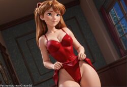 ai_generated asuka_langley_sohryu bare_shoulders blue_eyes breasts brown_hair cameltoe cleavage clothes_lift collarbone dress dress_lift dutch_angle female indoors interface_headset lifted_by_self lips long_hair medium_breasts meitabuu neon_genesis_evangelion panties red_dress smile solo souryuu_asuka_langley underwear window