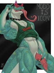 1boy abs animal_genitalia animal_penis anthro bagration biceps bodily_fluids bottomless bottomless_anthro bottomless_male clothed clothing collar digital_media_(artwork) english_text eyewear facial_piercing genital_piercing genital_slit genitals glasses goat_(movie) green_body half-erect hand_on_penis hi_res holding_penis komodo_dragon lizard long_tongue male mammal modo_olachenko monitor_lizard muscular muscular_anthro muscular_male navel nose_piercing nose_ring open_mouth pecs penis penis_piercing piercing prince_albert_piercing raised_clothing raised_shirt raised_tank_top raised_topwear reptile ring_piercing saliva saliva_on_tongue saliva_string scales scalie septum_piercing septum_ring shirt simple_background slit_penis smile solo solo_male sony_corporation sony_pictures sportswear standing tail tank_top teeth text text_on_clothing tongue tongue_out tongue_piercing topwear