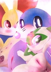 absurd_res animal_genitalia animal_vulva anus aquatic blue_body blush canid canine canine_genitalia canine_vulva digital_media_(artwork) domestic_cat felid feline felis female fennekin feral fox fur generation_6_pokemon generation_7_pokemon generation_9_pokemon genitals green_body green_fur group hi_res inner_ear_fluff looking_at_viewer mammal mr._fs multi_nipple nintendo nipples pinniped pokemon pokemon_(species) popplio sea_lion simple_background sketch sprigatito trio tuft vulva yellow_body yellow_fur