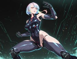 ai ai_generated battle cameltoe cyberpunk:_edgerunners implants latex lucyna_kushinada small_breasts white_hair