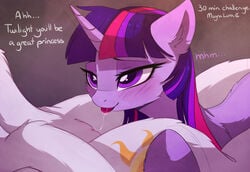 2017 blush cutie_mark dialogue duo english_text equine female feral friendship_is_magic fur horn long_hair magnaluna mammal my_little_pony princess_celestia_(mlp) purple_eyes purple_fur pussy pussy_juice text tongue tongue_out twilestia twilight_sparkle_(mlp) unicorn yuri