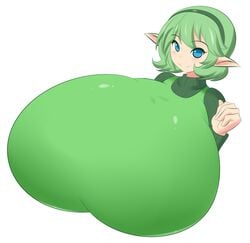 big_breasts blue_eyes breasts breasts_bigger_than_head breasts_bigger_than_torso busty female gigantic_breasts green_hair hairband jcdr kokiri ocarina_of_time pointy_ears saria short_hair solo the_legend_of_zelda