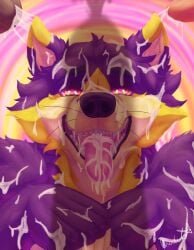 absurd_res ambiguous_fluids anthro asado at bodily bodily_fluids canid canine cum digital_media_(artwork) disembodied excessive fur genital_fluids genitals hi_res hypnosis in invalid_tag male mammal media mind_(disambiguation) mind_control on purple ringed simple solo tongue yellow