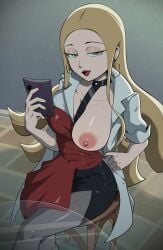 1girls blonde_hair female_only game_freak lipstick looking_at_viewer monke_brush nail_polish nintendo oleana_(pokemon) one_breast_out pantyhose pokemon pokemon_ss red_lipstick red_nails seductive showing_breasts sitting teasing