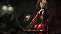 1girls 3d 3d_(artwork) baseball_bat bat_(object) batman:_arkham_knight batman_(series) big_ass blonde_hair clothed dc dc_comics domino_mask dovasfm female female_focus female_only fully_clothed gun harley_quinn harley_quinn_(arkham) harley_quinn_(arkham_knight) harley_quinn_(classic) lifting_ass lipstick lipstick_mark looking_at_viewer looking_back pigtails round_ass sfm solo solo_female spandex thick_ass thick_thighs