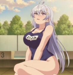 1girls ass blush breasts hips hiwamura_hiyori large_breasts open_mouth purple_eyes screencap stitched sweat swimsuit thick_thighs thighs white_hair yowa_yowa_sensei