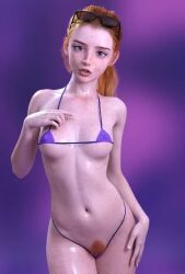 3d_animation ai_animation ai_generated damz daz_studio freckles freckles_on_face glasses_on_head lalia_(damz) micro_bikini ponytail pubic_hair red_hair redhead_female simple_background tagme video