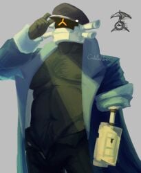1boy 2026 abs bara bear_(body_type) belly belly_button black_skin body_hair captain_(risk_of_rain) captain_hat chest chest_hair chest_tuft coat dark-skinned_male dark_skin gay grey_background hat helmet humanoid jacket looking_up male male_only masked masked_male musclegut navel pants pecs prosthetic prosthetic_arm pubes pubic_hair pubic_hair_peek risk_of_rain risk_of_rain_2 shirtless shirtless_male signature standing sunlight unbuttoned_pants unseen_male_face unzipped_fly upper_body yaoi