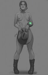 1girls 2d 2d_(artwork) areolae black_hair boots boots_only breasts completely_nude completely_nude_female fallout fallout_(tv_series) female female_only grey_background greyscale korwuarts lucy_maclean monochrome nipples pip-boy simple_background smile solo solo_female tagme