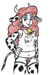 animal_ears animal_humanoid bell big_breasts bovine breasts captain_syrup collar cow_accoutrements cow_girl cow_horns cow_print cowbell curly_hair drawn female female_only human lactation large_breasts long_hair mario_(series) redhead sleeves solo standing straight tagme tail thighhighs treated_like_a_cow wario_land wildswingding