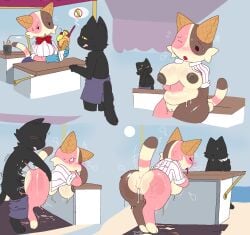 after_sex anthro anus ass belly big_breasts big_butt blush bodily_fluids breasts clothed clothing cum cum_from_vagina cum_in_vagina cum_inside dessert dialogue domestic_cat duo felid feline felis female female_penetrated food food_creature food_humanoid from_behind_position genital_fluids humanoid ice_cream ice_cream_cone ice_cream_creature ice_cream_stand leaking_cum male male/female mammal partially_clothed penetration penile penile_penetration questionable_consent sex slightly_chubby snazzle_snapp standing standing_doggystyle surprised sweat tongue tongue_out vendor_stand work_uniform working