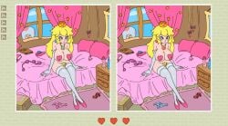 1boy 1girls 3_hearts anal_beads armwear blonde_hair book buttplug crown dildo female game heart_pasties high_heels human human_female humanoid humanoid_male kneehighs large_breasts long_hair looking_through_window male mario_(series) mushroom_humanoid necklace nintendo panties pasties pillow princess_peach sitting spot_the_difference stained_sheets super_mario_bros. toad_(mario) toy_car