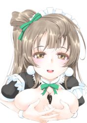 10s breasts brown_eyes female frapowa grey_hair long_hair looking_at_viewer love_live! love_live!_school_idol_project maid maid_headdress minami_kotori paizuri penis penis_silhouette