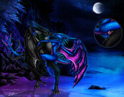 anthro black_scales blue_scales blue_tongue breasts detailed_background dragon duo female horn male membranous_wings moon night nipples nude open_mouth outside penetration scales selianth sex sky star starry_sky straight tongue vaginal_penetration water wings