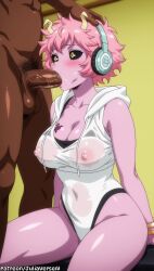 1boy ai_generated ashido_mina bare_shoulders black_sclera blush boku_no_hero_academia breasts cleavage clothed_female_nude_male collarbone colored_sclera colored_skin covered_navel covered_nipples dark-skinned_male drawstring erection fellatio female hand_on_another's_head headphones hood hood_down hoodie horns irrumatio large_breasts leotard male_pubic_hair meitabuu messy_hair mina_ashido my_hero_academia navel nipples nude oral penis pink_hair pink_skin pubic_hair saliva see-through short_hair sitting solo_focus straight testicles uncensored white_leotard yellow_eyes