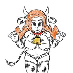 animal_ears animal_humanoid bell big_breasts bovine breasts collar cow_accoutrements cow_girl cow_horns cow_print cowbell drawn female female_only human large_breasts mario_(series) mona_(warioware) nipples panties sleeves solo straight tagme tail thighhighs treated_like_a_cow warioware wildswingding