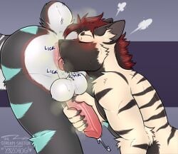 absurd_res anal anthro anus backsack balls blush bodily_fluids butt cum duo eyes_closed felid genital_fluids genitals handjob handjob_from_behind handjob_while_rimming hi_res hyena koda_(kodakoba) licking male male/male mammal muscular musk musk_cloud musky_balls musky_butt musky_penis nude oral penile perineum prehistoric_species raised_tail reach_around rimming saber-toothed_tiger sex striped_hyena stroking_penis sweat tail tongue y32010g zorroz