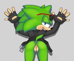 2024 against_surface against_wall andromorph anthro anus archie_comics arrow_hearted clothing digital_drawing_(artwork) digital_media_(artwork) ear_piercing eulipotyphlan eyewear eyewear_on_head fingerless_gloves genitals gloves green_body grey_background hands_on_wall handwear hedgehog hi_res intersex jacket leather leather_clothing leather_gloves leather_handwear leather_jacket leather_topwear looking_at_viewer looking_back mammal open_mouth open_smile piercing red_eyewear red_sunglasses scourge_the_hedgehog sega simple_background smile solo sonic_(series) sonic_the_hedgehog_(archie) sonic_the_hedgehog_(comics) sonic_the_hedgehog_(series) sunglasses sunglasses_on_head tail topwear vulva