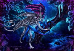 anthro blue_scales breasts detailed_background digitigrade dragon duo female grass grey_scales horn male night nipples outside penetration scales selianth sex spines straight tree vaginal_penetration