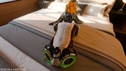 3d_(artwork) absurd_res amputated_leg amputated_limb amputee anthro arm_in_portal bed_sheet bedding bedroom blender_(artwork) blender_cycles_(artwork) bondage bound callmeezra chastity_cage chastity_device digital_media_(artwork) disability drone dronification ezra(fara_rex) fur furry gag gag_mask hair hi_res latex_hood leg_in_portal male male_focus mammal multicolored_body multicolored_fur orange_body orange_eyes orange_fur orange_hair portal_amputation quadruple_amputee quadruple_amputee_portal thinking_with_portals toy toyification