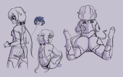 ass_focus crocodilianbooty female konno_junko laying_on_stomach limited_palette mizuno_ai naked pajama_shorts patchwork_skin ponytails pussy rear_view simple_background socks thong yuri zombie_girl zombie_land_saga