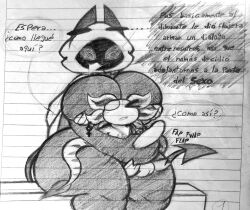 1boy 1girls alternate_form axolotl balls big_breasts black_body breasts cock demon_tail ear_piercing eyelashes fat_ass gills greyscale handjob hoodie horns huge_boobs huge_breasts living_clothes long_tongue no_nipples onomatopoeia pencil_(artwork) penis pointed_tail pointy_tail rand0m293_(oc) rand0m_293 sex sharp_teeth simple_background sitting size_difference smaller_male spanish_text stella_(rand0m_293) tail tail_fin testicles text thick_thighs thighs traditional_media_(artwork) twitter_user_oc white_(white_axolote) white_body white_skin