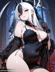 1girl ai_generated alternate_costume arlequin097 bare_shoulders black_dress black_gloves black_hair black_horns blue_archive blush breasts cleavage closed_mouth covered_navel demon_horns detached_sleeves dress earrings gloves grey_halo hair_between_eyes halo holding horns jewelry kayoko_(blue_archive) large_breasts long_hair looking_at_viewer multicolored_hair red_eyes scythe smile solo streaked_hair thighs two-tone_hair veil weapon white_hair wings