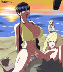 1boy 3girls abs aether_foundation ahe_gao alolan_golem bangs beach bikini black_hair blonde_hair blue_eyes bosomancer bra breasts cleavage clothed collarbone cowgirl_position cumming electric electric_shock electricity electro electrostimulation elesa_(pokemon) forced_orgasm golem golem_(pokemon) green_eyes hair_ornament human interspecies large_breasts licking_lips lillie_(pokemon) long_hair lusamine_(pokemon) monster nintendo ocean orgasm orgasm_face panties panties_aside penis pokemon pokemon_bw pokemon_sm pokephilia riding rolling_eyes sex shock shocked shocking short_hair smile sparks straight sunset sweat swimsuit thighs thong thong_aside vaginal_penetration veins veiny_penis very_long_hair