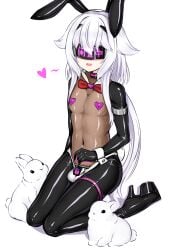 1boy bodysuit bunny_ears_headband chastity_cage chastity_device collar corruption drone dronification femboy head_mounted_display heart heart_pasties heart_tattoo kneeling latex long_hair male mastersprouts mind_control original playboy_bunny pubic_tattoo rabbit see-through sex_toy skin_tight smile tattoo tight_clothing white_hair