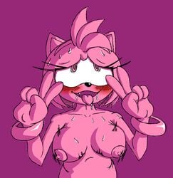 ahe_gao amy_rose anthro blush breasts double_v drool female female_only fur furry furry_only gesture gloves hedgehog monochrome nipples open_mouth open_smile pink pink_fur pink_hair purple_background solo sonic_(series) straight sweat v wildswingding