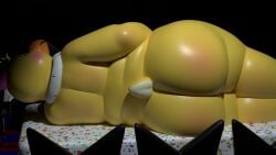 3d_(artwork) anthro ass avian beak bib big_butt bird chair chica_(fnaf) chicken digital_media_(artwork) female five_nights_at_freddy's furniture galliform hi_res looking_back lying nude on_side overweight overweight_anthro overweight_female phasianid rear_view scottgames sesame_bun solo table tail wide_hips yellow_body