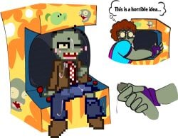 consentacleez plants_vs_zombies plants_vs_zombies_2:_it's_about_time pvz pvz_2 arcade_zombie_(pvz) char:8-bit_zombie_(pvz) arcade_machine fingerless_gloves artstyle_difference 8-bit pixel_art cum cum_on_body cum_on_face cum_drip cumshot zombie_(pvz) zombie video_game_character penis jacking_off jerking masturbation glasses nerd gamer gamer_boy so_retro blushing