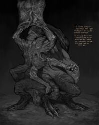 1boy after_rape anonymous_artist big_balls big_belly body_horror bound bound_arms cum_leaking digitigrade fat_male gay hand_on_ass look_outside male male_only monster multi_arm multi_leg multi_limb non-human stretchface talking_to_viewer teratophilia unusual_anatomy