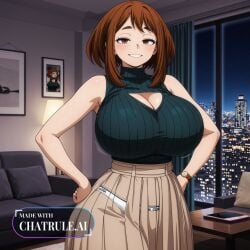 1girl 8k adult ai_assisted ai_generated ass black_clothing breast_expansion brown_eyes brown_hair cinematic cityscape cleavage depth_of_field enormous_breasts eyes_half_closed home in_heat indoors large_breasts living_room long_skirt mature_female medium_hair my_hero_academia night_time ochako_uraraka oversized_breasts scenery seductive_eyes seductive_smile short_stack sidelocks skirt sleeveless sweater thick_thighs tiny_waist turtleneck uncensored uraraka_ochako wide_hips