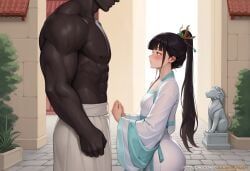 1boy abs ai_generated bangs black_hair blunt_bangs blush breasts chinese_clothes closed_mouth dark-skinned_male dark_skin dress female from_side hair_ornament hair_stick hanfu honor_of_kings interracial juliatitusart long_hair long_sleeves looking_at_another manly muscular muscular_male outdoors own_hands_together ponytail see-through shangguan standing statue straight topless_male veins watermark web_address white_dress wide_sleeves