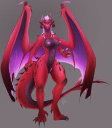 2017 anthro areola big_breasts black_scales black_sclera bldymalice breasts claws clitoris demon dragon female grey_background hair horn hybrid long_hair looking_at_viewer membranous_wings nipples nude purple_eyes purple_hair purple_membrane purple_nipples pussy red_scales scales simple_background solo spikes toe_claws wide_hips wings