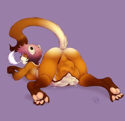 anthro ass ass_up belly big_belly breasts cownugget duo feline female female_pred hair half-closed_eyes head_first lying mammal on_front oral_vore pussy raised_tail short_hair sideboob simple_background soles solo_focus stomach_bulge vore