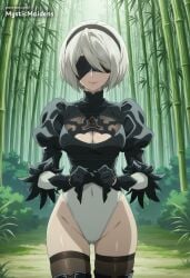 1girls 2b_(nier:automata) ai_generated anime anime_style artist_name ass_visible_through_thighs bamboo bamboo_forest bamboo_thicket beauty_mark black_blindfold black_gloves black_hairband black_thighhighs blindfold boots breasts cleavage cleavage_cutout closed_mouth clothes_lift clothing_cutout covered_eyes covered_navel cowboy_shot cute feather-trimmed_sleeves feather_trim female female_only forest gloves groin hairband hentai hi_res highleg highleg_leotard juliet_sleeves large_breasts leotard lifted_by_self light-skinned_female light_skin long_sleeves medium_breasts mole mole_under_mouth mystic_maidens nature nier nier:_automata nier_(series) outdoors patreon patreon_username puffy_sleeves short_hair slim_waist smile solo thigh_boots thighhighs thighhighs_under_boots thighs turtleneck white_hair white_leotard yorha_2b