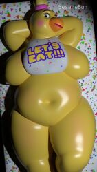 3d_(artwork) anthro avian beak bib big_breasts bird blush breasts chica_(fnaf) chicken classic_chica_(fnaf) digital_media_(artwork) female five_nights_at_freddy's furniture galliform hands_behind_head hi_res lying navel nipples nude on_back overweight phasianid scottgames sesame_bun solo table thick_thighs wide_hips yellow_body yellow_eyes