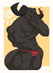 bara char_cole cwaffle gay monster monster_boy muscle muscles muscular muscular_anthro muscular_male non-human non-human_head non-human_only original_character scratching scratching_balls scratching_self thong thong_only thong_pull thong_underwear underwear underwear_aside underwear_only yawn yawning