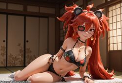 _long_hair ahoge ai_generated animal_ears arm_support armlet bare_shoulders bead_bracelet bikini black_bikini black_choker black_hairband bracelet breasts choker cleavage closed_mouth collarbone earrings eyepatch fake_animal_ears female floral_print futon hair_between_eyes hairband halterneck indoors jewelry koleda_belobog long_hair looking_at_viewer lying medium_breasts meitabuu multi-strapped_bikini_bottom navel necklace o-ring o-ring_bikini on_side print_bikini red_eyes red_hair side-tie_bikini_bottom sliding_doors smile socks solo stomach string_bikini swimsuit tatami thighs twintails white_socks zenless_zone_zero