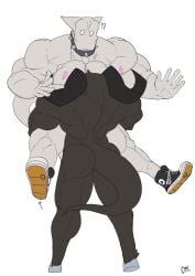 2boys bara bara_ass bara_tiddies bara_tits carrying carrying_another carrying_partner carrying_person char_cole cwaffle gay heart hearts_around_head hugging hugging_another hunter_(cwaffle) monster monster_boy muscle muscles muscular muscular_anthro muscular_male non-human non-human_head non-human_only spiked_collar surprised surprised_expression surprised_face